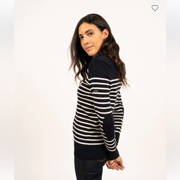 NWOT Saint James Bregancon Jacquard striped navy ivory wool sweater elbow patch - Picture 5 of 12